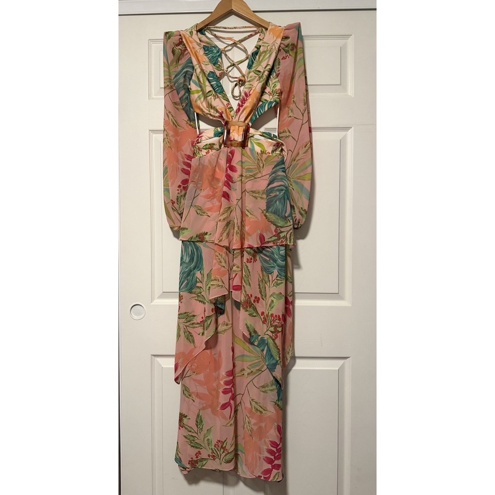 Pat Bo PatBo Tropicalia Plunge Cut Out Floral Flowy Maxi Dress Gown Pink Resort